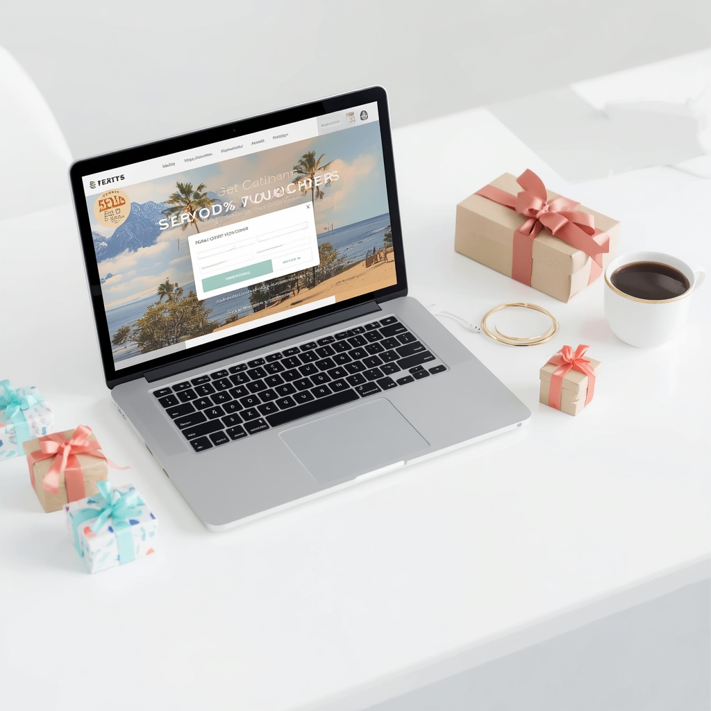 Modern minimalist workspace setup with a laptop displaying discount vouchers and a coffee cup, surrounded by small gift boxes with ribbon decorations on a clean white desk
